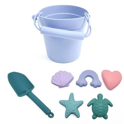Silicone Sand and Beach Toys (1 Bucket, 1 Shovel and 5 Beach Accessories + Carry Bag) - Purple