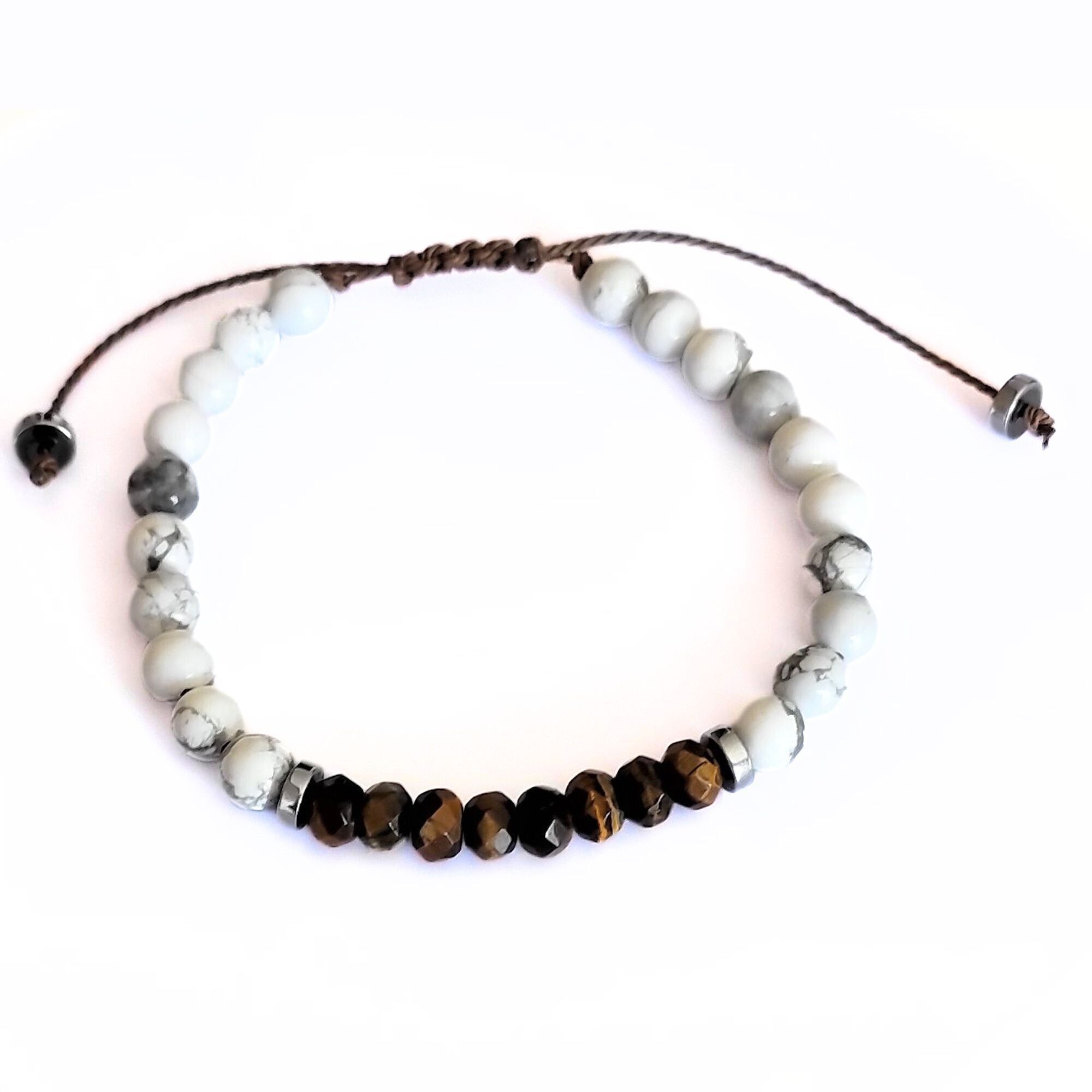 bracciale con cordino scorrevole in pietra naturale HOWLITE / OCCHIO DI TIGRE perline 6mm
