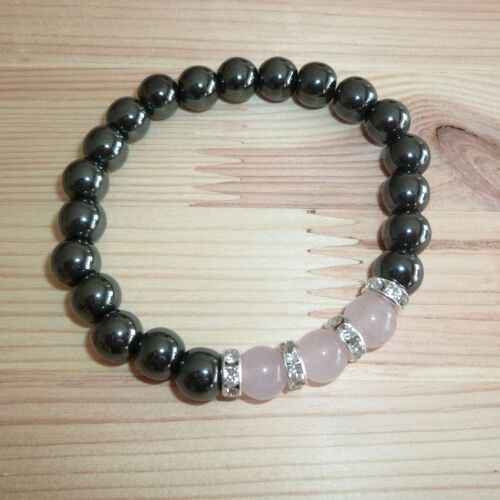 bracelet élastique pierre naturelle QUARTZ ROSE / HEMATITE perles rondes 8 mm