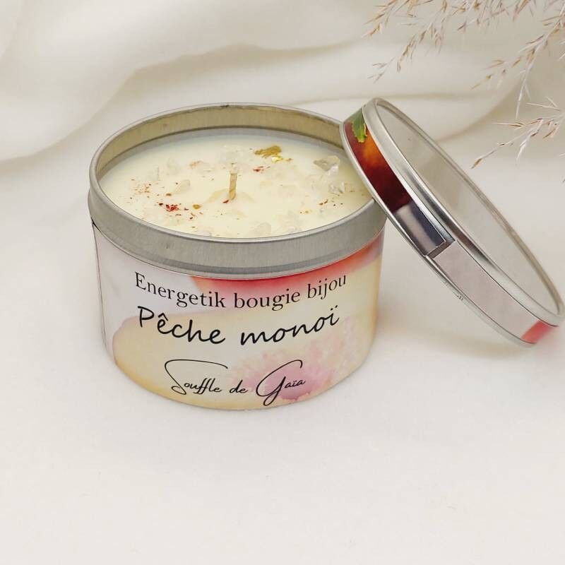 Monoï Peach scented jewel candle - Lithotherapy stone pendant - natural wax - Grasse fragrance