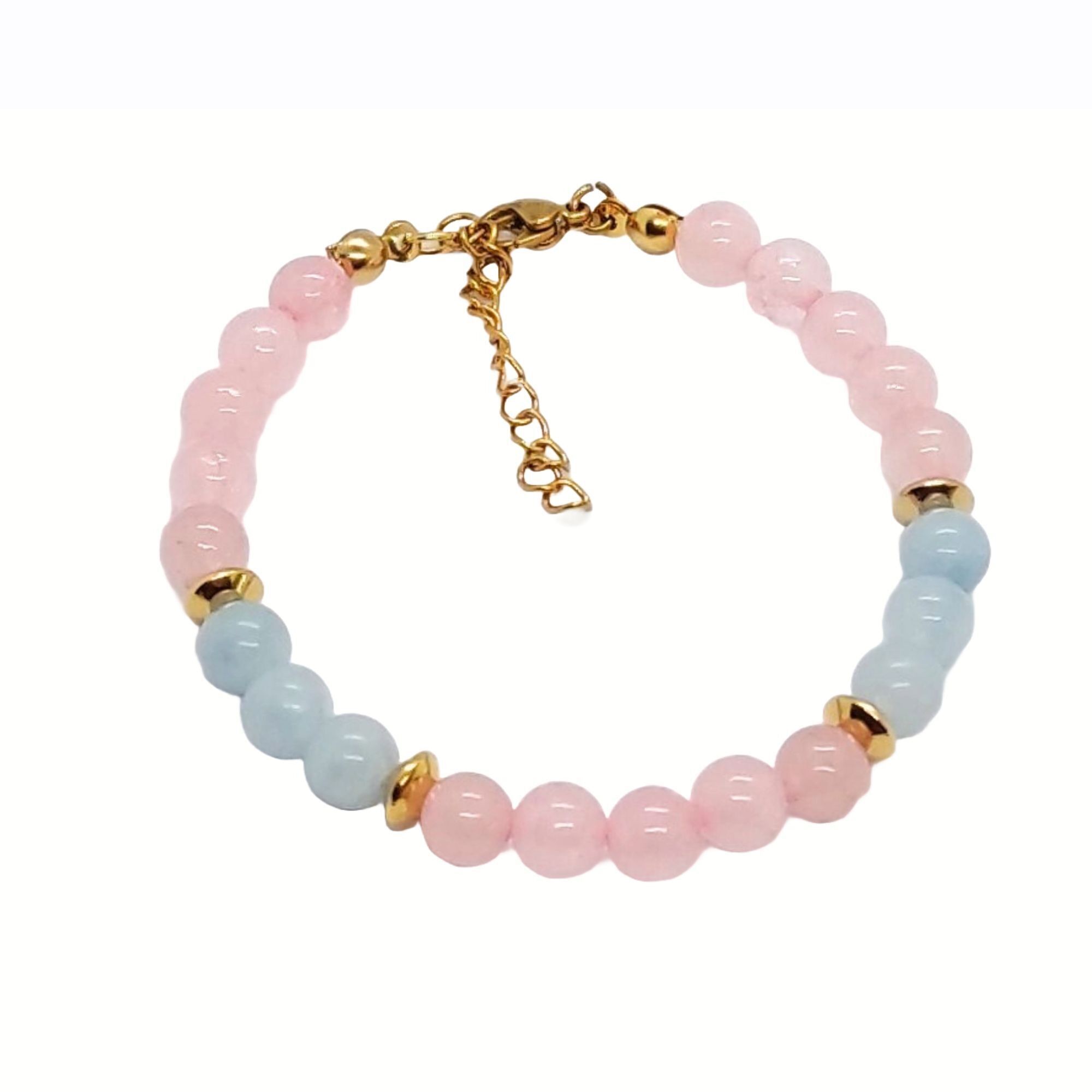 Pulsera mujer piedras naturales CUARZO ROSA / AGUAMARINA cierre acero bañado en oro 18k
