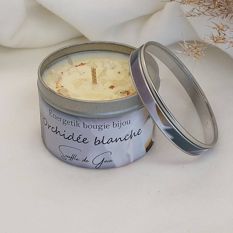 Candela gioiello profumata all'orchidea bianca - ciondolo in pietra litoterapica - cera naturale - fragranza Grasse