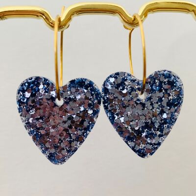 Orecchini alla moda e originali - Cuore glitterato - Cerchietti sottili in acciaio inox - Gioielli fatti a mano