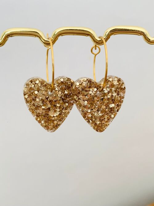 Boucles d'oreilles en résine pailleté - Pendentif en forme de coeur coloré - Bijoux d'oreilles tendance - Fait à la main- Créoles fines en acier inoxydable