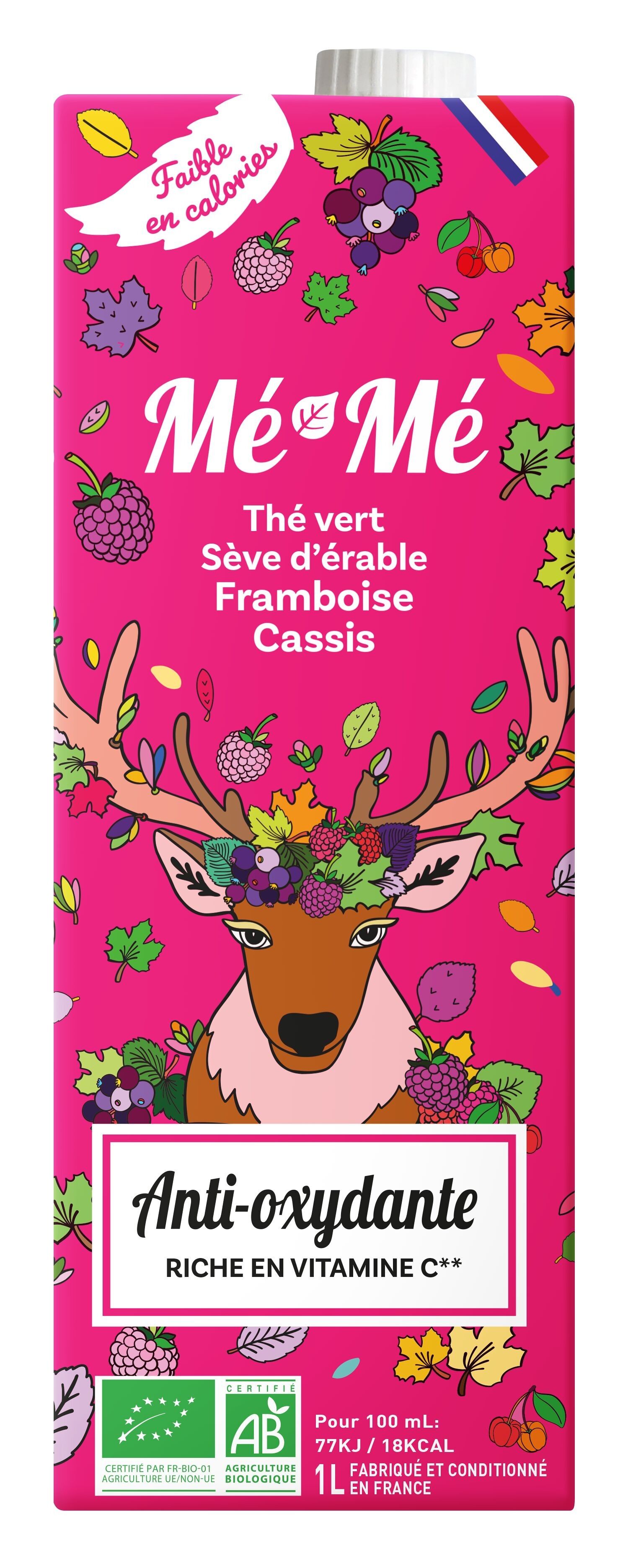 Mé-Mé Anti-oxydante - Thé vert Matcha, sève d'érable et fruits rouges - Faible en calories - Snacking d'Or 2025 - 1L Bio