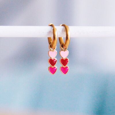 Pendientes de aro de acero inoxidable con 3 corazones - tonos rosas