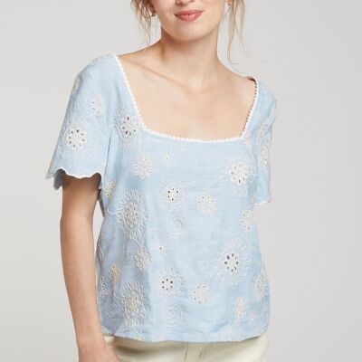 NANCY2 - Camicetta in cotone blu ricamata