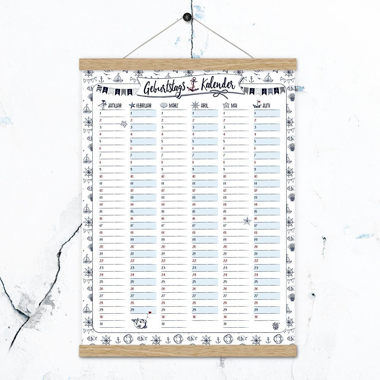 Calendario di compleanno marittimo + strisce poster in un set