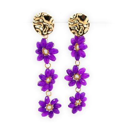 Boucles d'oreilles longues triple cristal · Fleurs violettes