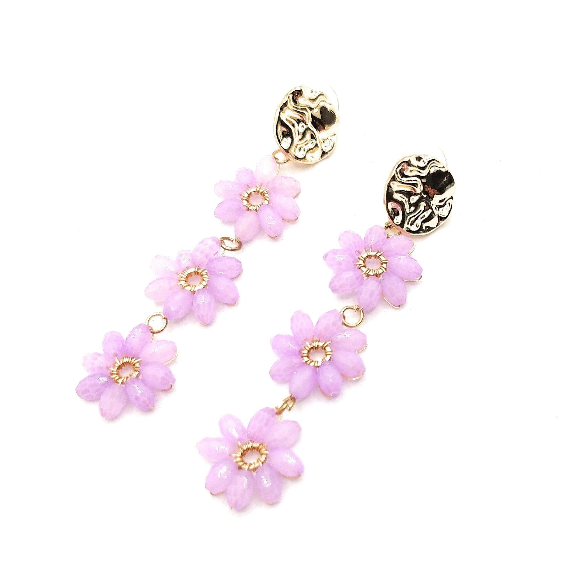 Orecchini lunghi con triplo cristallo · Fiori malva