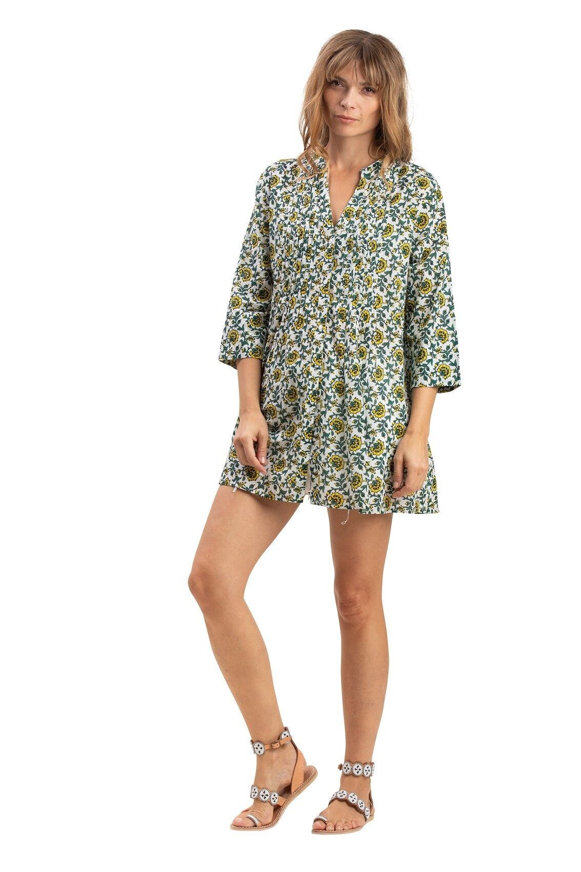 Tunica corta plissettata "White Dandelion Mexico" abbottonata, 2 tasche, cotone SMLXL