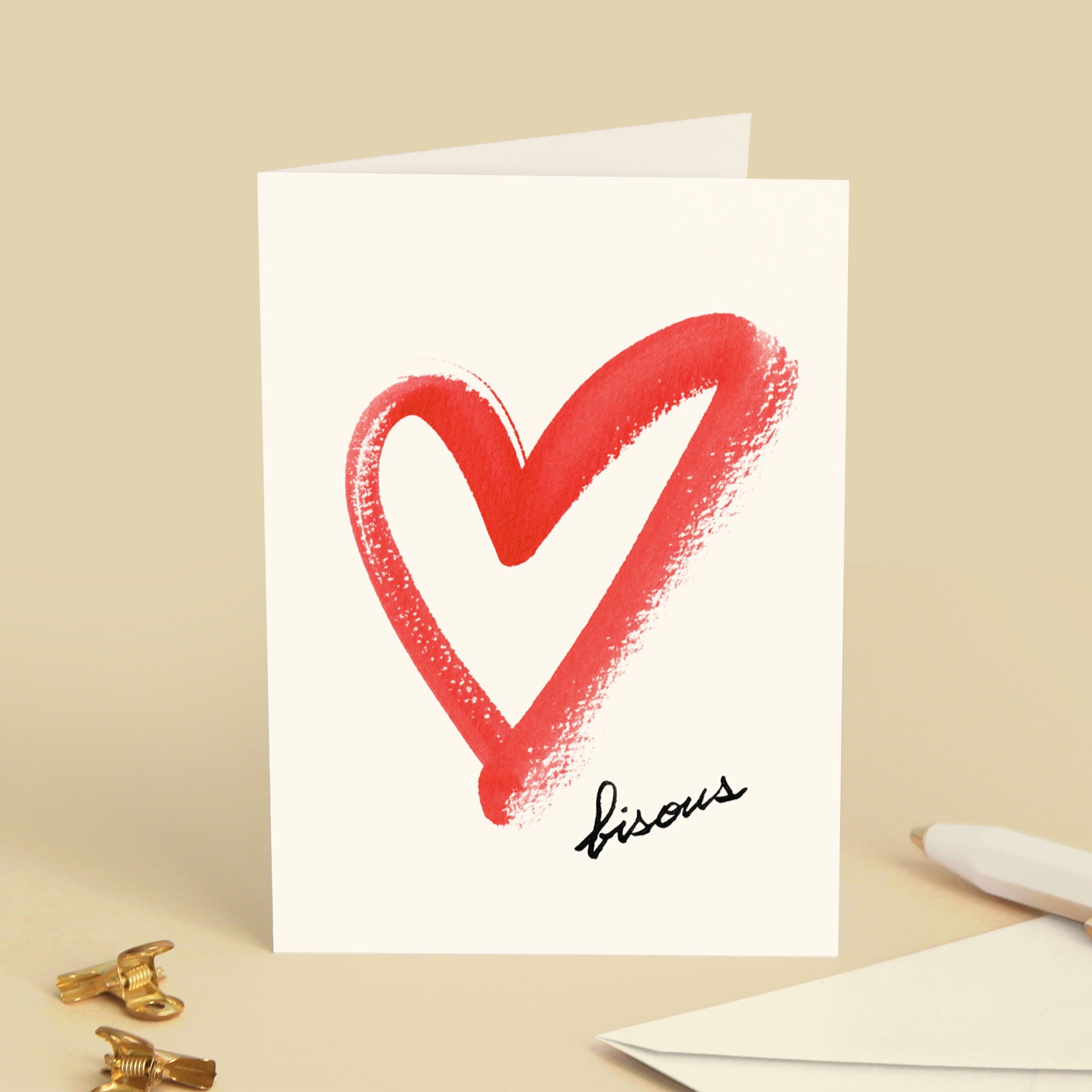 Biglietto di auguri "Baci" Cuore rosso - Amore, Compleanno, Festa, Regalo - Illustrazione dipinta - Messaggio in francese