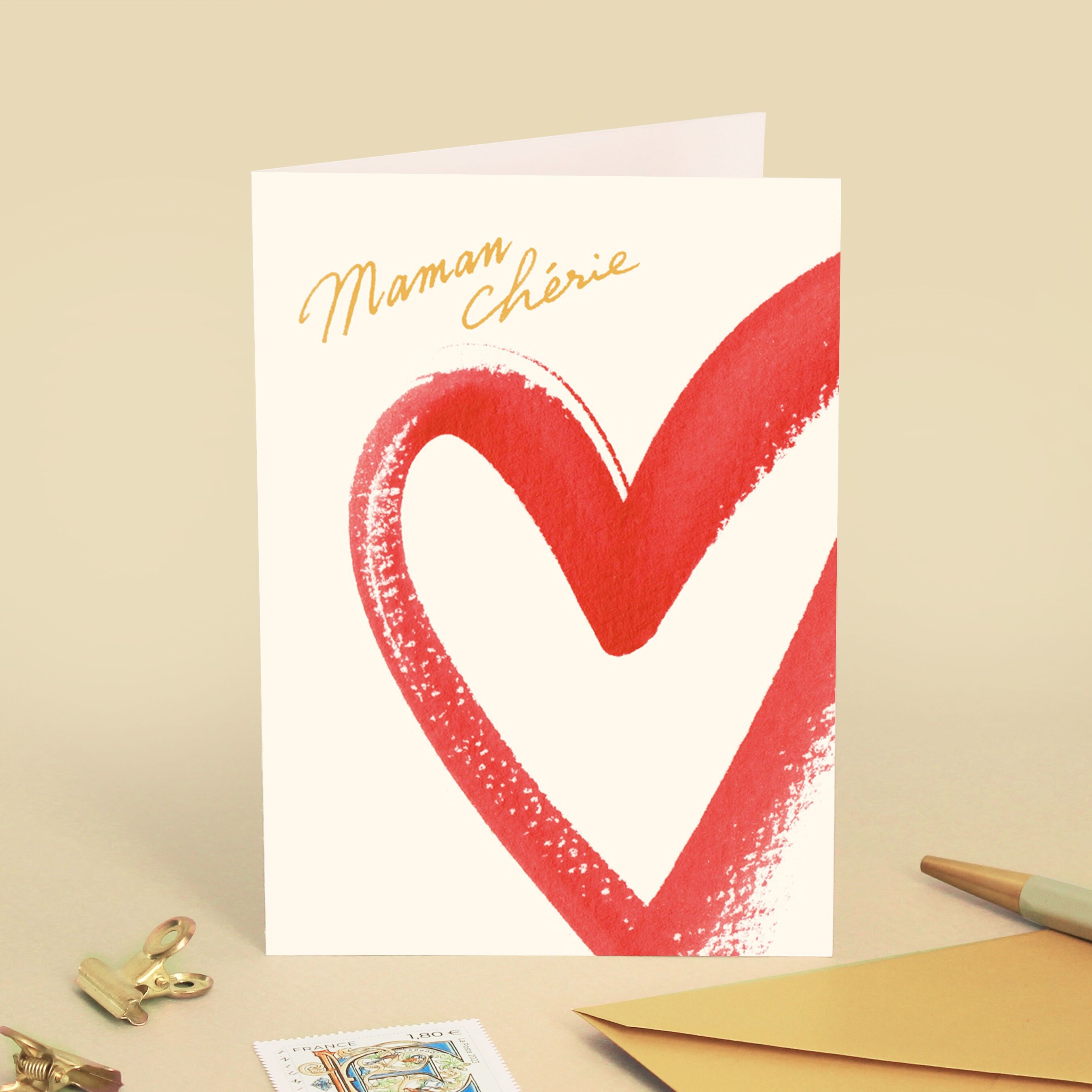 Grußkarte „Liebe Mama“ – Muttertag, ich liebe dich – Rotes Herz-Gemälde-Illustration – Nachricht auf Französisch