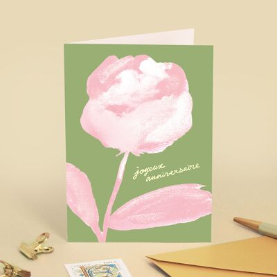 Tarjeta de felicitación "Feliz cumpleaños" con peonía - Ilustración en gouache rosa y verde - Mensaje en francés