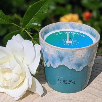 Candela profumata al tè verde - Vaso in gres turchese - Fatta a mano - 8 cm (D) | LA CANDELA ERBIVORA