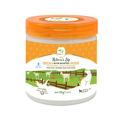 Pawfect Nature's Sip Goat Milk Nutri Booster pour chiens avec citrouille, pomme et cannelle (120 g/4,5 l).23 oz) | Friandise liquide | Aliment réhydraté | Garniture alimentaire | Lait entier en poudre