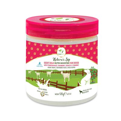 Pawfect Nature's Sip Goat Milk Nutri Booster pour chiens avec grenade, canneberge, épinards et curcuma (120 g/4.23 oz) | Friandise liquide | Aliment réhydraté | Garniture alimentaire | Lait entier en poudre