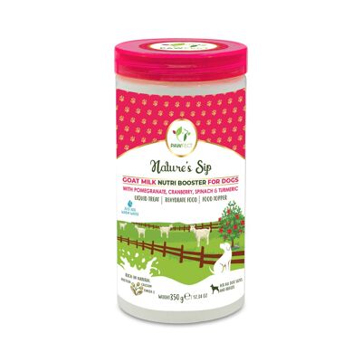 Pawfect Nature's Sip Goat Milk Nutri Booster pour chiens avec grenade, canneberge, épinards et curcuma (350 g/12.34 oz) | Friandise liquide | Aliment réhydraté | Garniture alimentaire | Lait entier en poudre