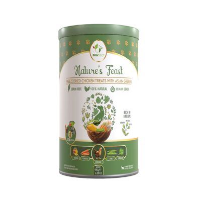 Pawfect Nature's Feast Friandises lyophilisées pour chiens | 100 % naturelles | Poulet (80 %) et légumes verts asiatiques (20 %) Mangue, carotte, pois et épinards | Sans céréales | Friandise d'entraînement | Complément alimentaire pour chiens (150 g/5 g)29 oz)