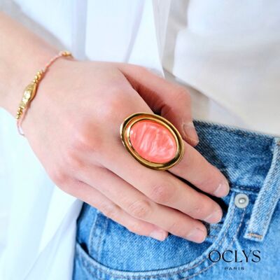 Anello ovale colorato Viji in acciaio inossidabile dorato e resina