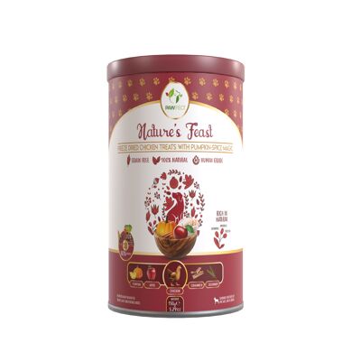 Pawfect Nature's Feast Friandises lyophilisées pour chiens | 100 % naturelles | Poulet (80 %) et Pumpkin Spice Magic (20 %) Pomme, citrouille, cannelle, herbes | Sans céréales | Friandise d'entraînement | Garnitures alimentaires pour chiens (150 g/5 g)29 oz)