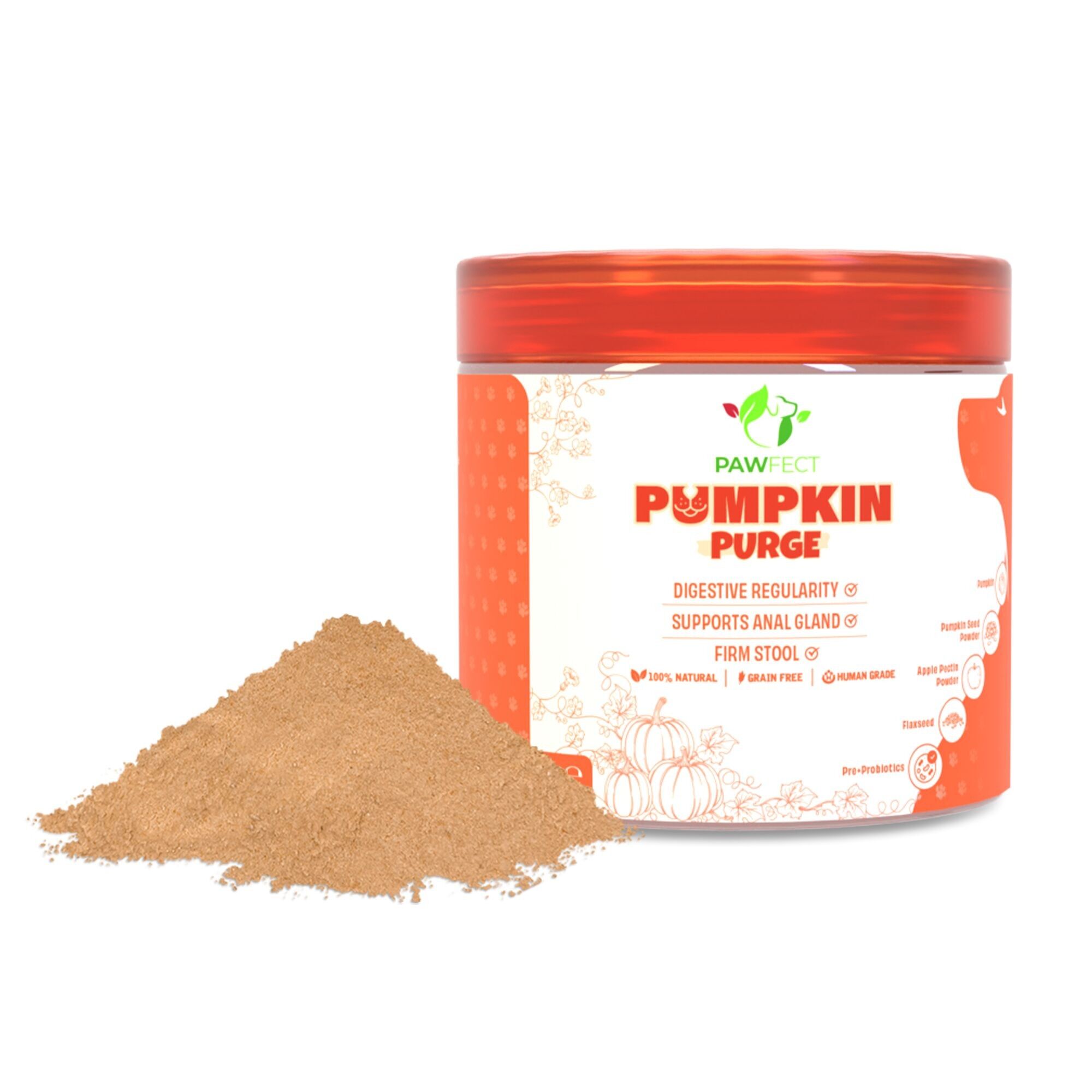 Pawfect Pumpkin Purge Tages-Topper für Hunde | 100 % natürlich | Angereichert mit Apfelpektinpulver, Leinsamen, Prä- und Probiotika | Regelmäßige Verdauung | Fester Stuhl | Unterstützt die Analdrüse (250 g/8).8 Unzen)