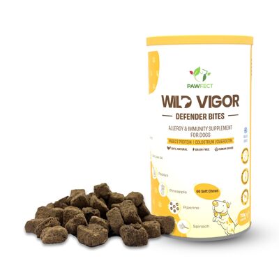 Pawfect Wild Vigor Defender Bites (70 g/2,5 kg)Complément alimentaire pour chiens contre les allergies et l'immunité (46 oz) | Protéines d'insectes | Colostrum | Quercétine
