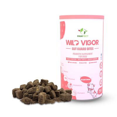 Bocados protectores intestinales Pawfect Wild Vigor (70 g/2.46 oz) | Suplemento probiótico para perros | Proteína de insectos | Cardo mariano | Cúrcuma verde