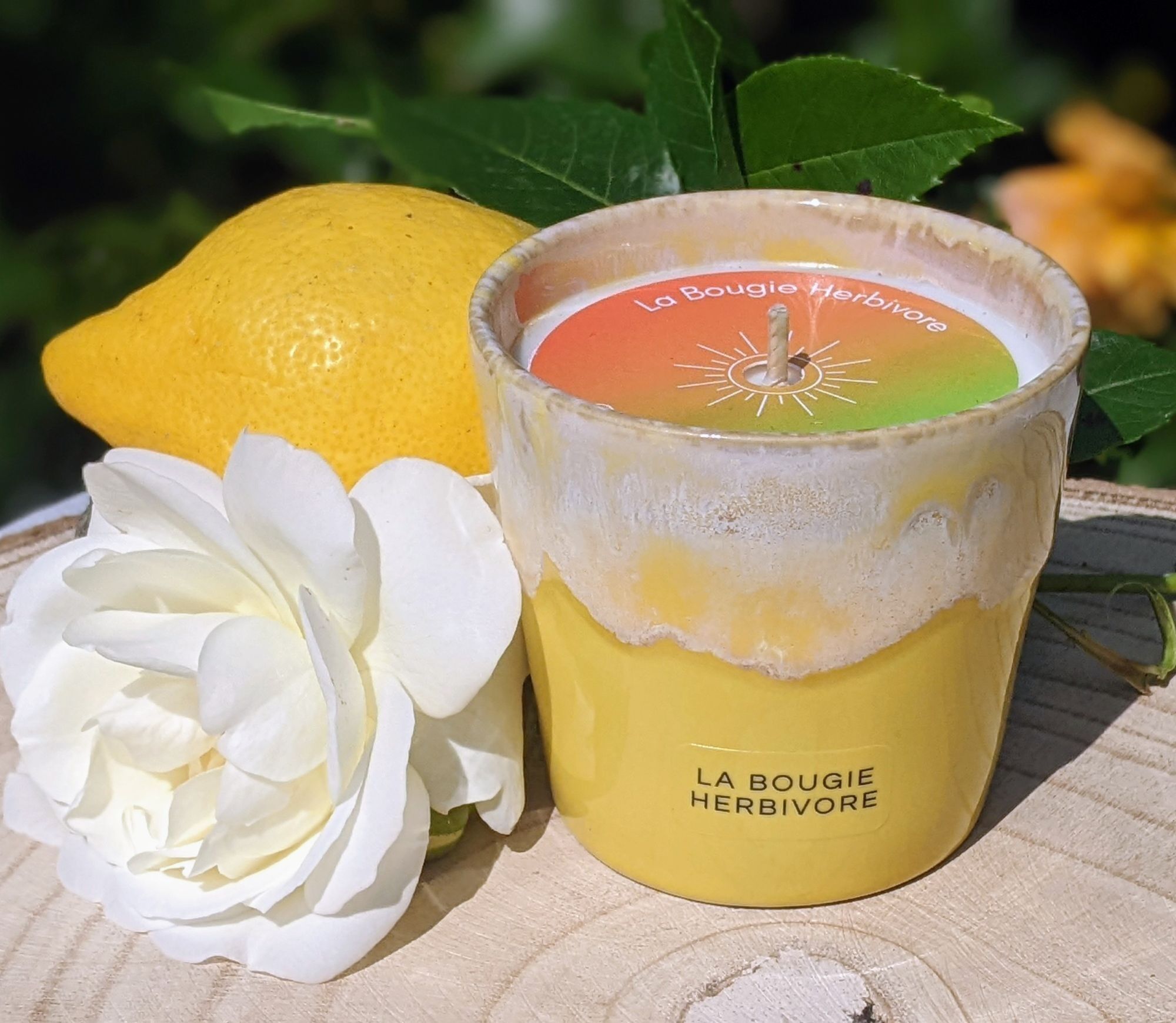 Duftkerze Wassermelone Melone - Gelber Steinguttopf - Handgefertigt - 8 cm (D) | DIE HERBIVORE-KERZE