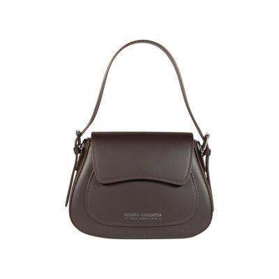 RB1030B | Sac à bandoulière pour femme EMMA avec rabat en cuir véritable fabriqué en Italie. Accessoires en métal argenté brillant - Couleur marron foncé - Dimensions : 24 x 18 x 9 + 14,5 cm (poignée légère)