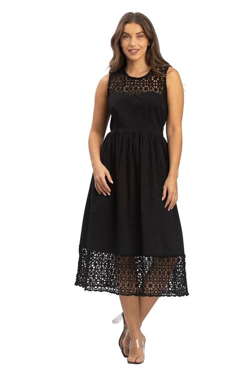 Robe mi-longue noire, col et bas dentelle, doublée,popeline SMLXL