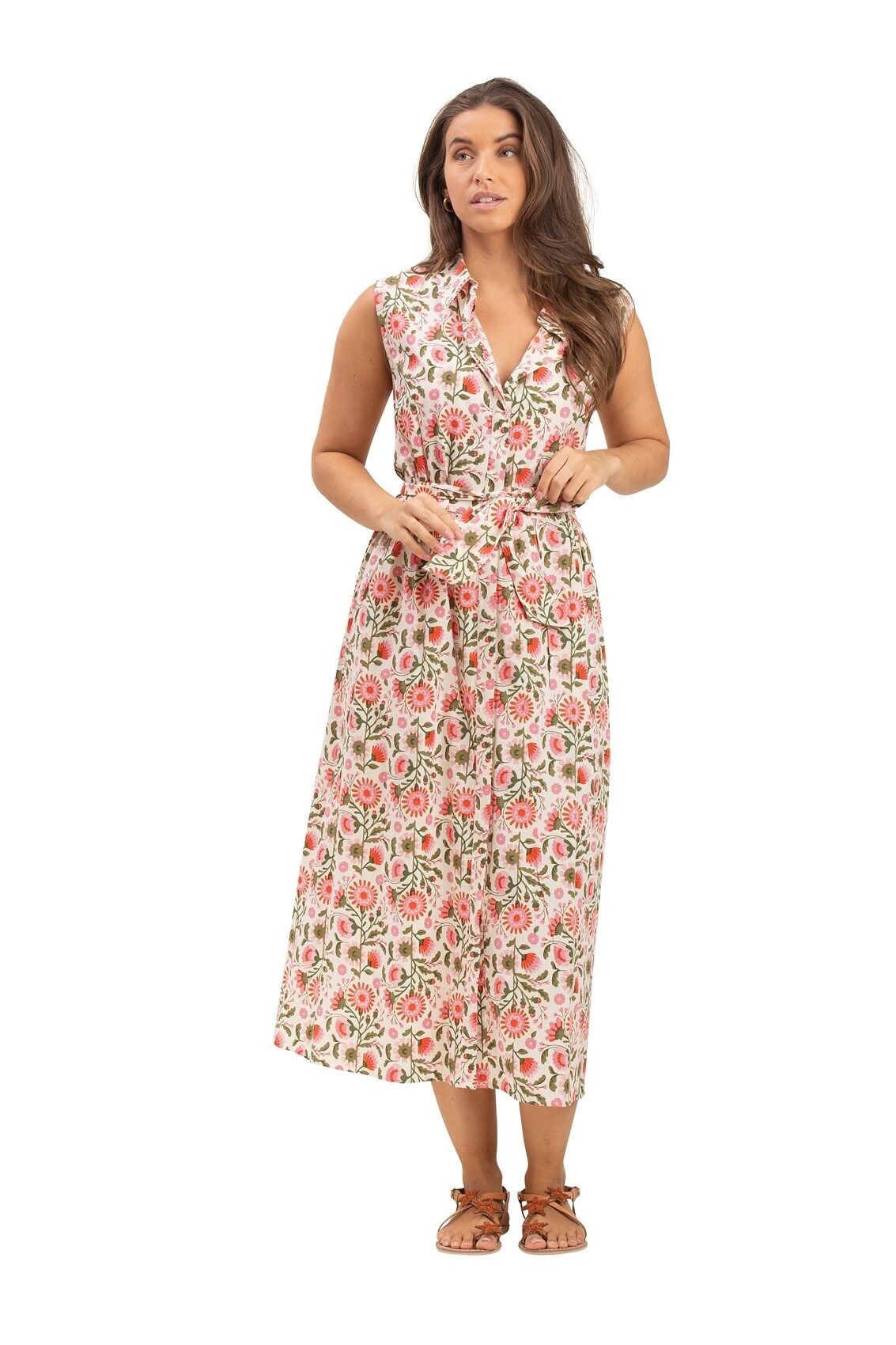 "Janet Rose maracas" sleeveless long dress, shirt collar, belt, poplin, SMLXL