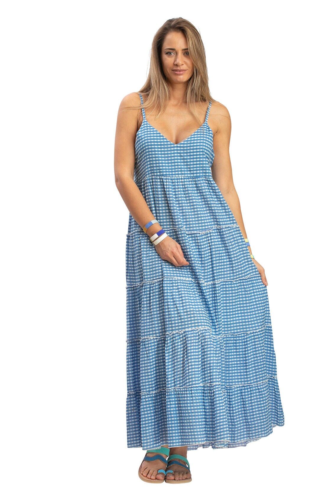 Abito lungo &quot;Petit vichy ciel&quot; volant, schiena/cintura arricciata, fodera in cotone SMLXL