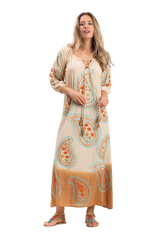Tuniq L "Tie and dye de Beige" brodée cachemire, ML, col avec liens, coton,SMLXL
