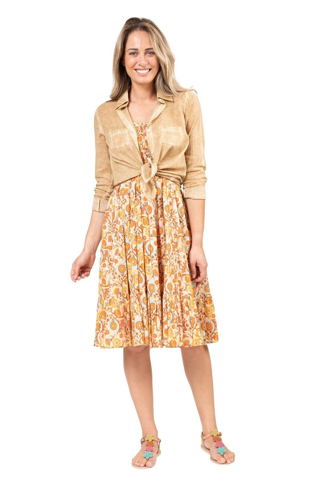 Abito/gonna Mid-L &quot;Janet beige teq.&quot;petto/vita arricciati, senza maniche, 1 balza, a coste