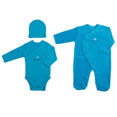 Set pigiama in velluto / body / berretto 3 mesi Cotone biologico - Lagoon