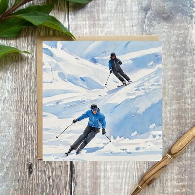 skiers greeting card - greeting card with skiers on