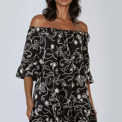 Vestido mini Bardot con bordado de flores negras