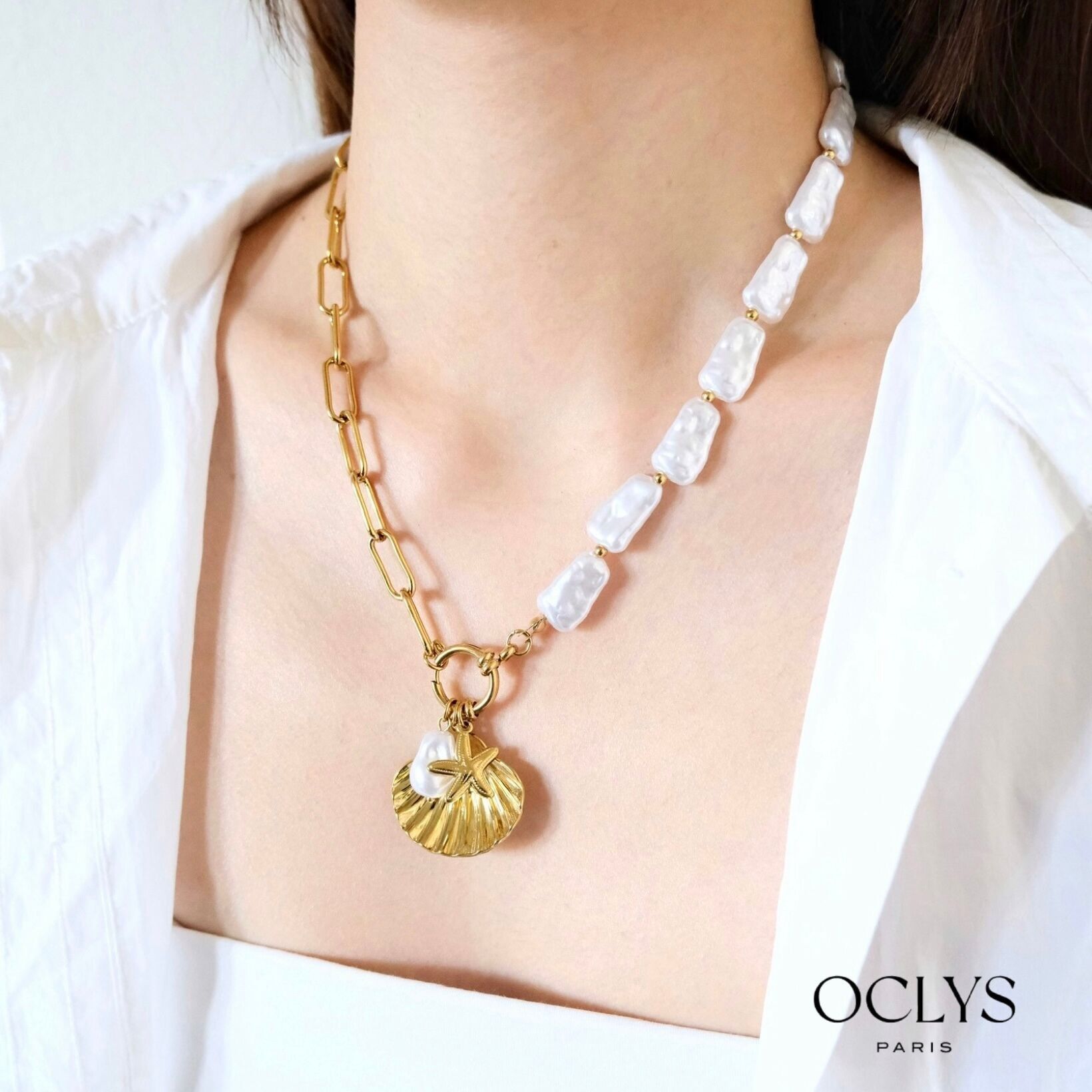 Collana con catena a mezza perla in acciaio inossidabile placcato oro Vabi