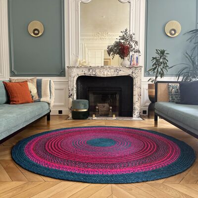 Alfombra redonda de rafia en rosa fucsia, verde azulado intenso y marrón – 200 cm