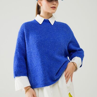 Suéter relajado con manga francesa y cuello redondo en tinta azul