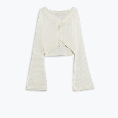 Cardigan lungo lavorato a maglia con maniche a campana in bianco con dettaglio nodo