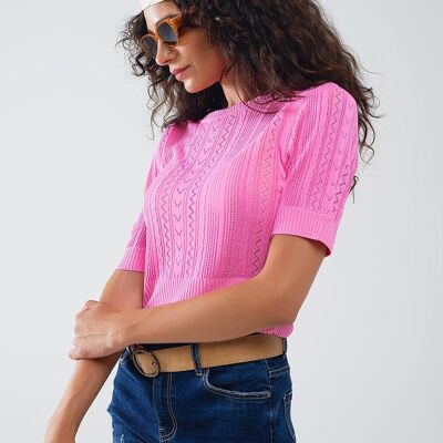 Pull manches 3/4 en maille fuchsia avec détails rayures zigzag