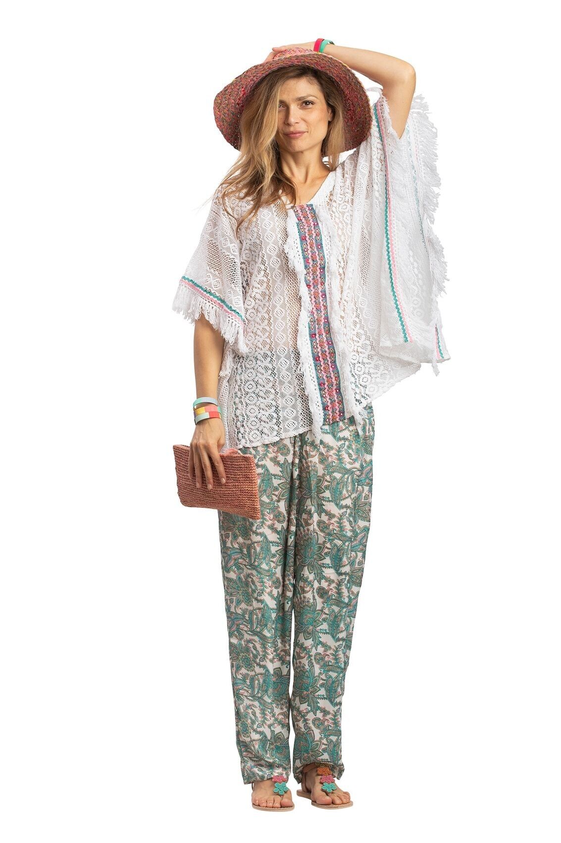 Caftán blanco calado, decoración multicolor y flecos en la parte delantera y laterales, algodón, talla única