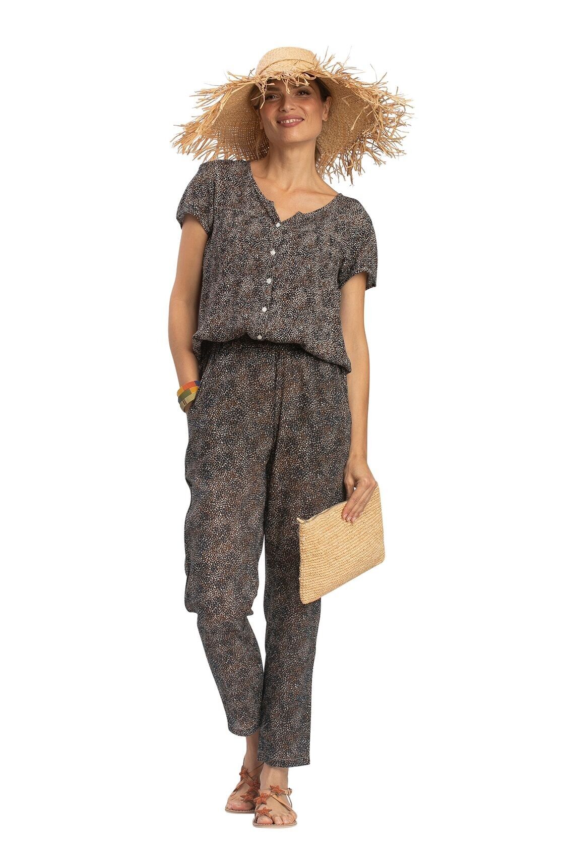 "Python" top with round neck, buttons, short sleeves, crepe rayon SMLXL