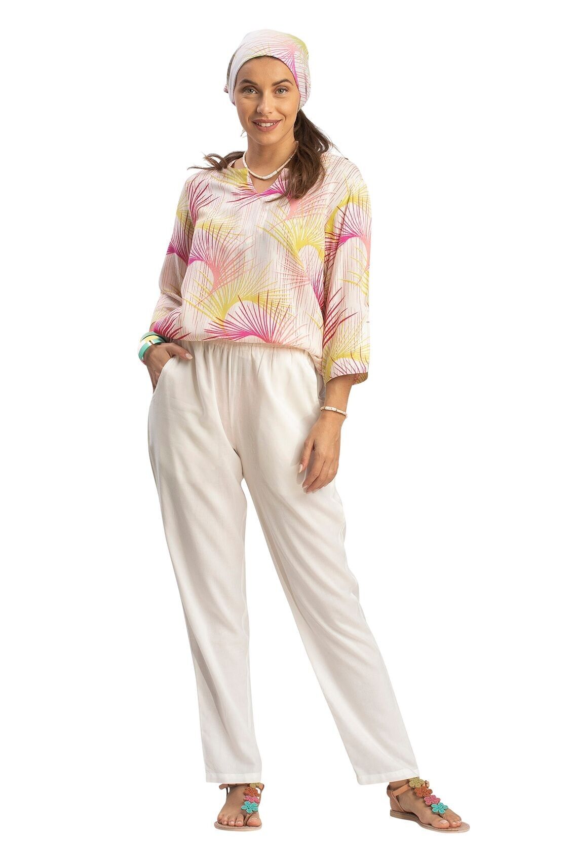 Top "Palmes roses" manche 3/4, col rond ouvert, viscose (S-M-L-XL)