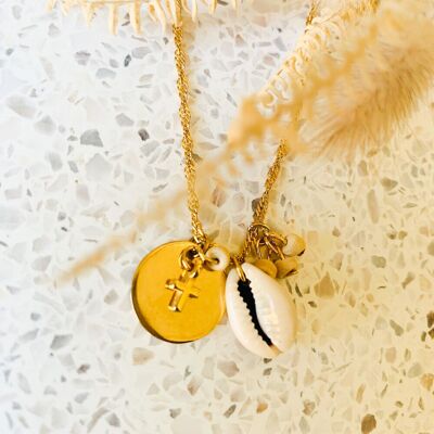 MADDY | Collier grigri coquillage Cauri, mini perles bois & mini croix