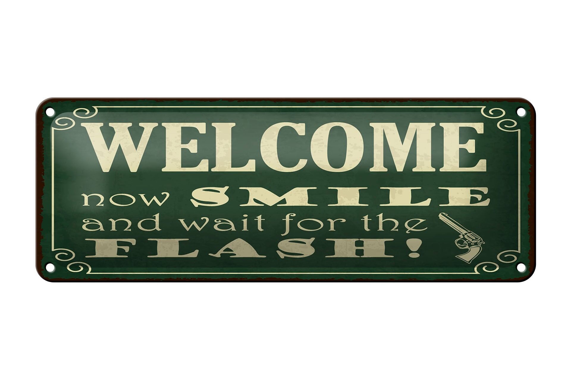 Blechschild Spruch 27x10 cm Welcome now smile and wait for the flash Schild