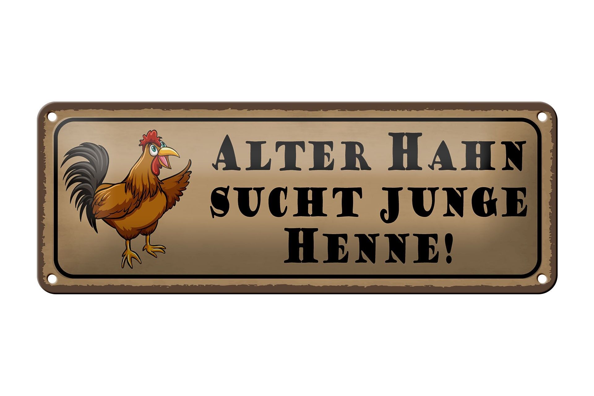 Tin sign saying 27x10 cm Old rooster seeks young hen decorative sign