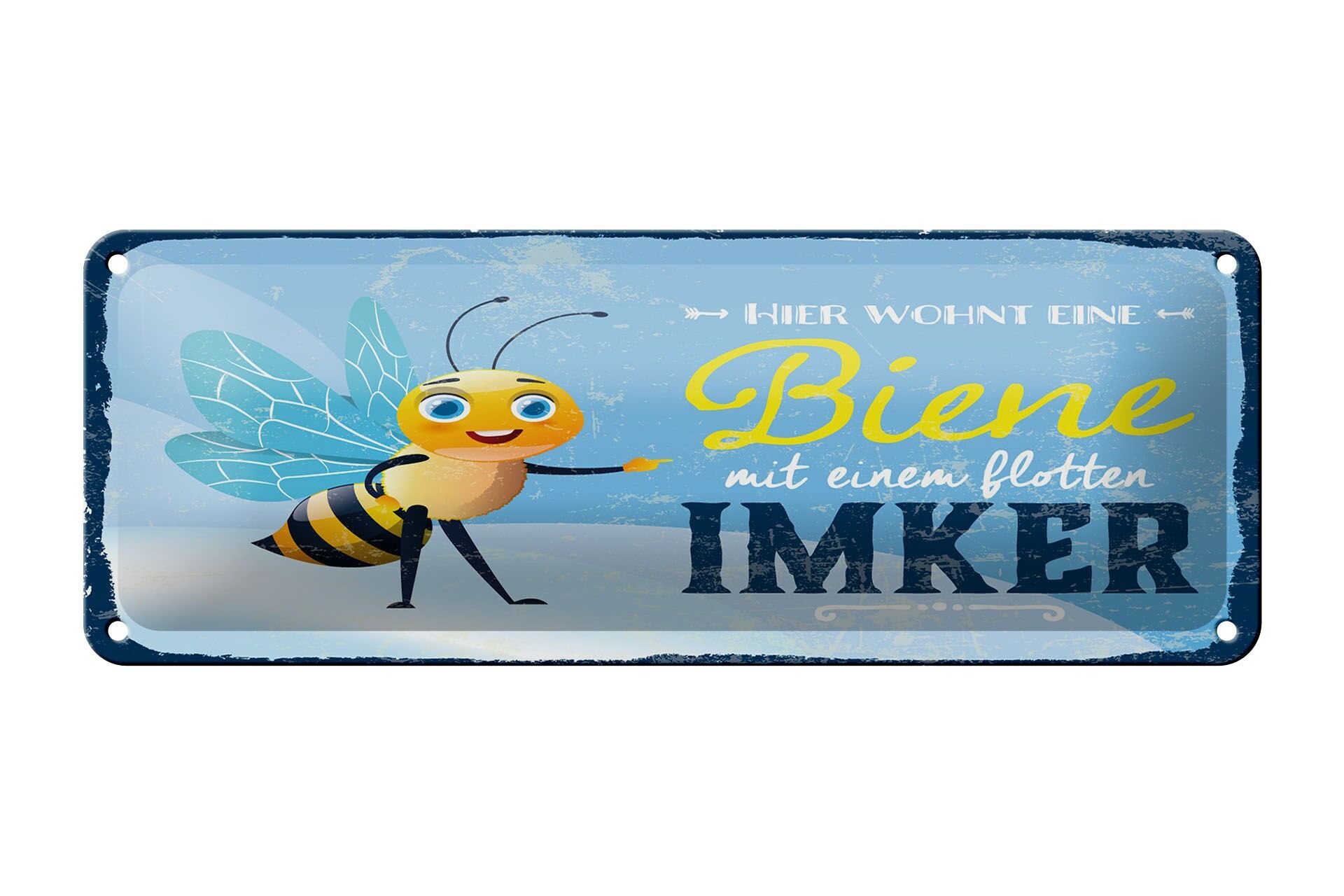 Cartello in latta 27x10 cm Qui vive un'ape con il suo cartello blu apicoltore